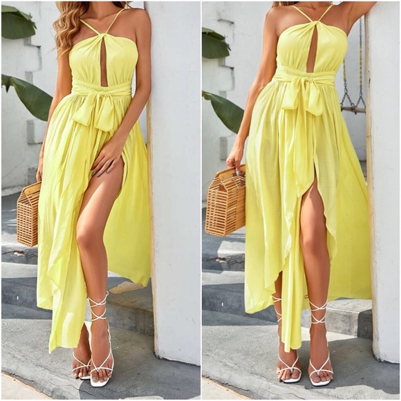 Dresses & Skirts - Boho Halter Ruffle Front Slit Dress Belted Yellow
